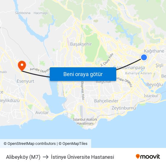 Alibeyköy (M7) to İstinye Üniversite Hastanesi map