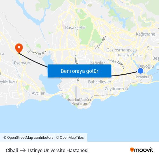 Cibali to İstinye Üniversite Hastanesi map