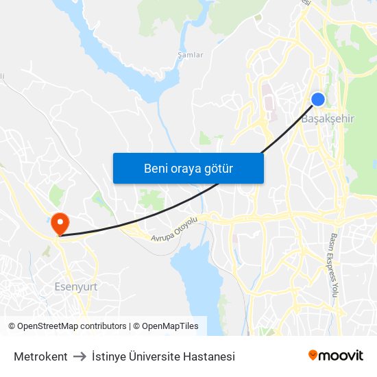 Metrokent to İstinye Üniversite Hastanesi map