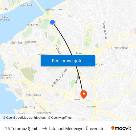 15 Temmuz Şehitler Köprüsü to İstanbul Medeniyet Üniversitesi Kuzey Yerleşkesi map