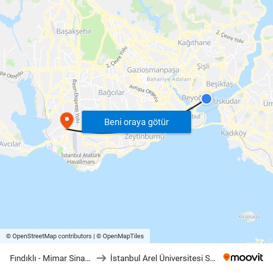 Fındıklı - Mimar Sinan Üniversitesi to İstanbul Arel Üniversitesi Sefaköy Yerleşkesi map