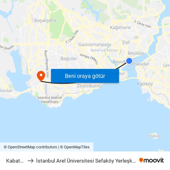 Kabataş to İstanbul Arel Üniversitesi Sefaköy Yerleşkesi map