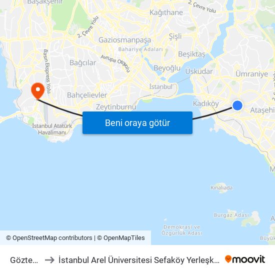 Göztepe to İstanbul Arel Üniversitesi Sefaköy Yerleşkesi map