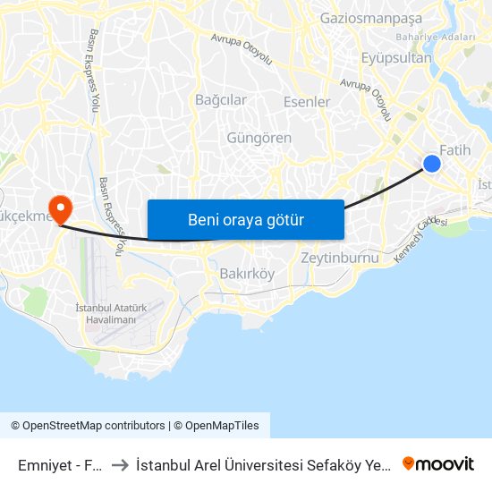 Emniyet - Fatih to İstanbul Arel Üniversitesi Sefaköy Yerleşkesi map