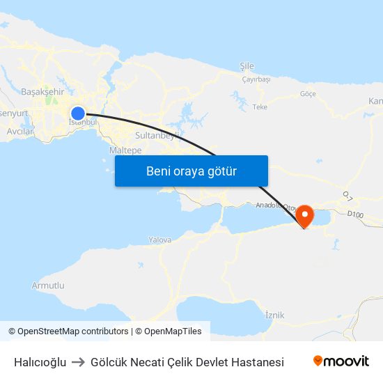 Halıcıoğlu to Gölcük Necati Çelik Devlet Hastanesi map