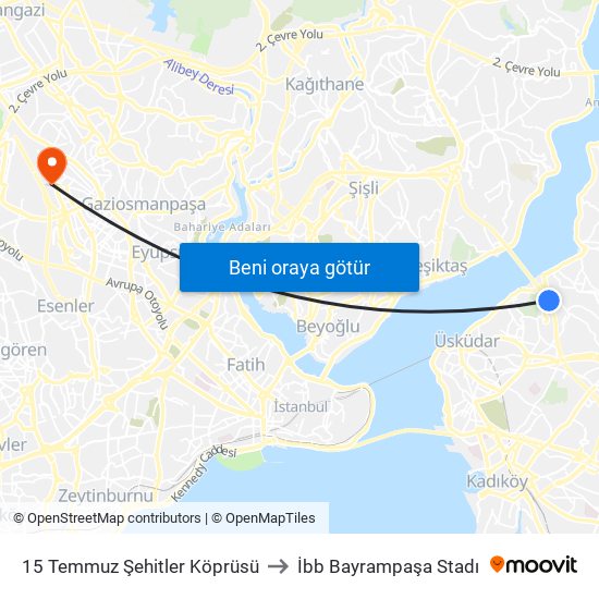 15 Temmuz Şehitler Köprüsü to İbb Bayrampaşa Stadı map