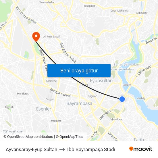 Ayvansaray-Eyüp Sultan to İbb Bayrampaşa Stadı map