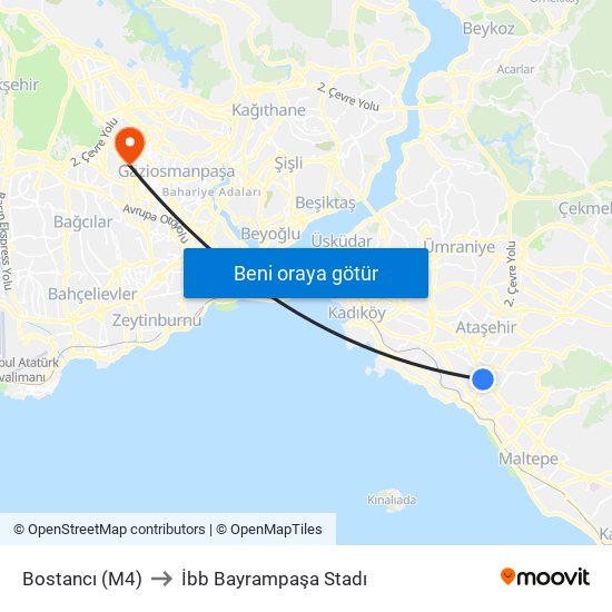 Bostancı (M4) to İbb Bayrampaşa Stadı map