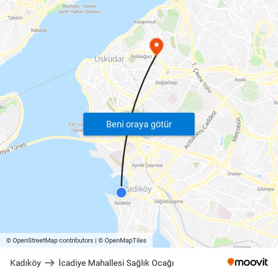 Kadıköy to İcadiye Mahallesi Sağlık Ocağı map