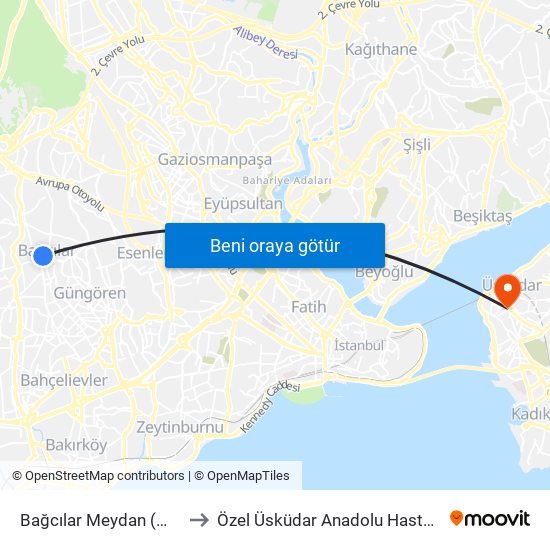 Bağcılar Meydan (M1b) to Özel Üsküdar Anadolu Hastanesi map