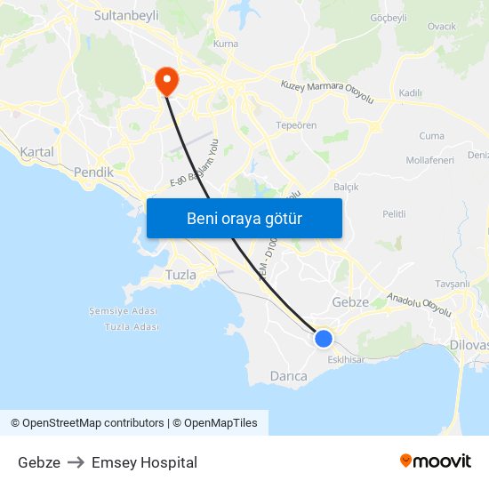 Gebze to Emsey Hospital map