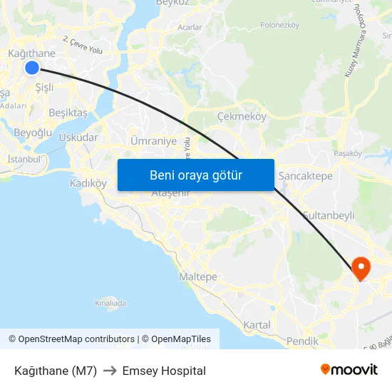 Kağıthane (M7) to Emsey Hospital map