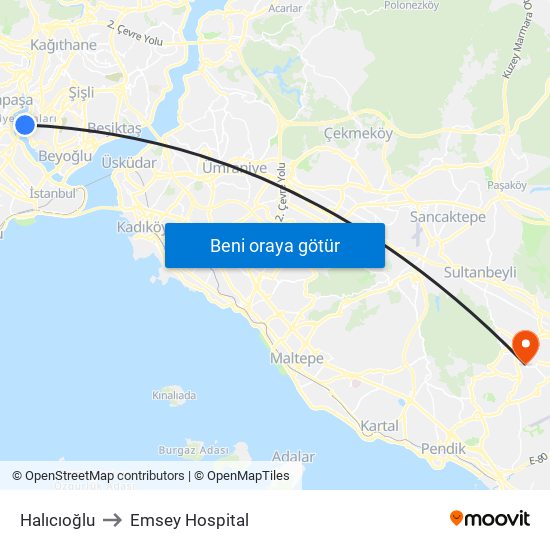 Halıcıoğlu to Emsey Hospital map