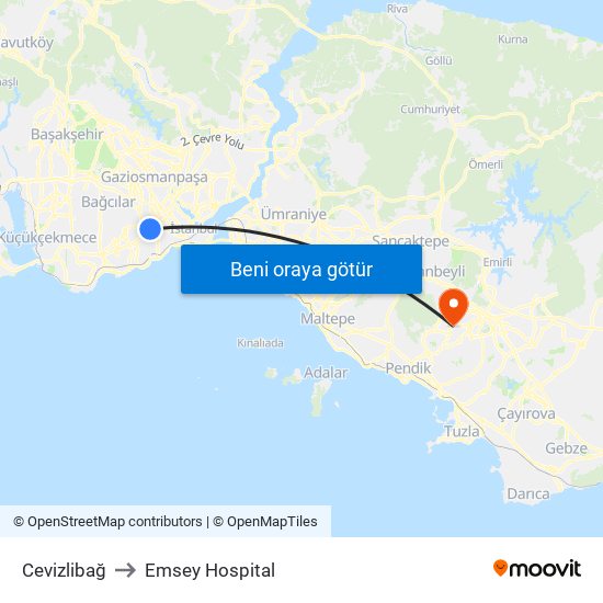 Cevizlibağ to Emsey Hospital map