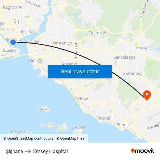Şişhane to Emsey Hospital map
