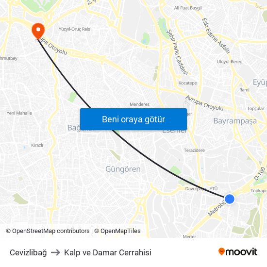 Cevizlibağ to Kalp ve Damar Cerrahisi map