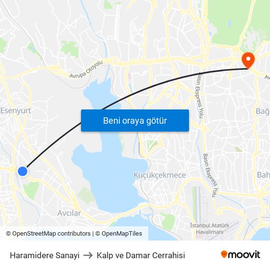 Haramidere Sanayi to Kalp ve Damar Cerrahisi map