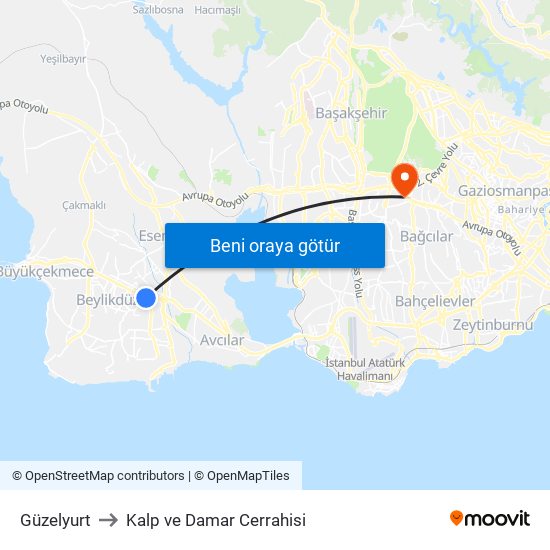 Güzelyurt to Kalp ve Damar Cerrahisi map
