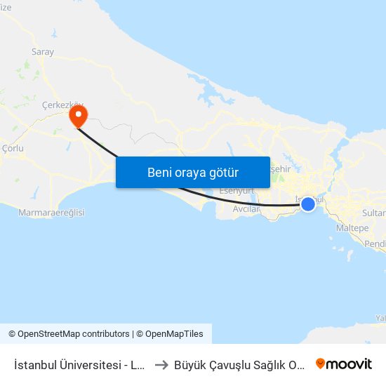 İstanbul Üniversitesi - Laleli to Büyük Çavuşlu Sağlık Ocağı map