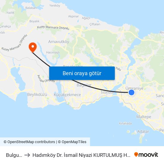 Bulgurlu to Hadımköy Dr. İsmail Niyazi KURTULMUŞ Hastanesi map