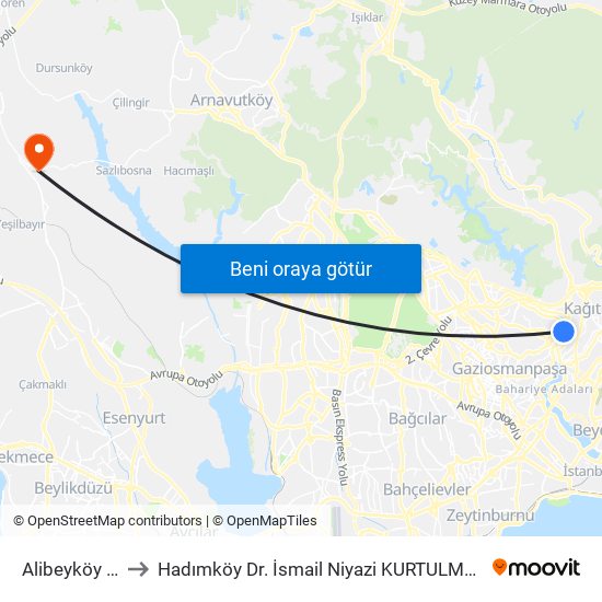 Alibeyköy (M7) to Hadımköy Dr. İsmail Niyazi KURTULMUŞ Hastanesi map