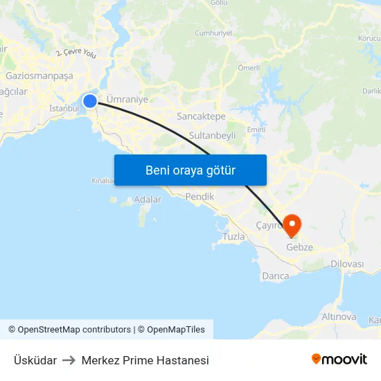 Üsküdar to Merkez Prime Hastanesi map
