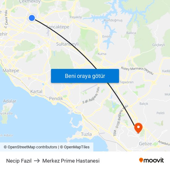 Necip Fazıl to Merkez Prime Hastanesi map