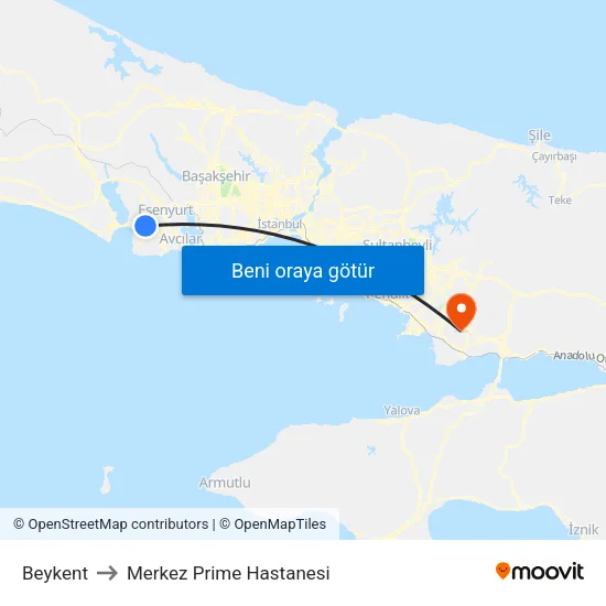 Beykent to Merkez Prime Hastanesi map