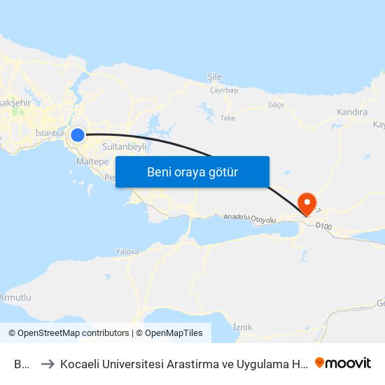 Bulgurlu to Kocaeli Universitesi Arastirma ve Uygulama Hastanesi Gogus-Kalp-Damar Cerrahi Yogun Bakim map