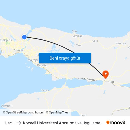 Hacıosman to Kocaeli Universitesi Arastirma ve Uygulama Hastanesi Gogus-Kalp-Damar Cerrahi Yogun Bakim map