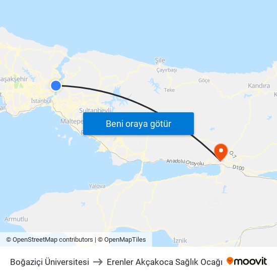 Boğaziçi Üniversitesi to Erenler Akçakoca Sağlık Ocağı map