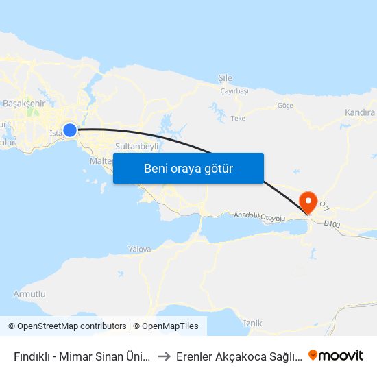 Fındıklı - Mimar Sinan Üniversitesi to Erenler Akçakoca Sağlık Ocağı map