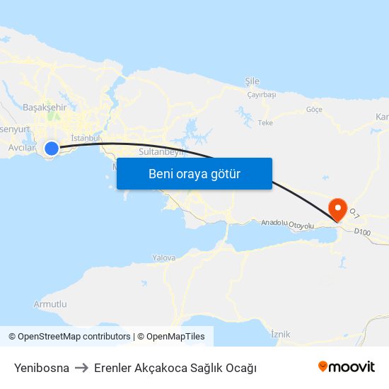 Yenibosna to Erenler Akçakoca Sağlık Ocağı map