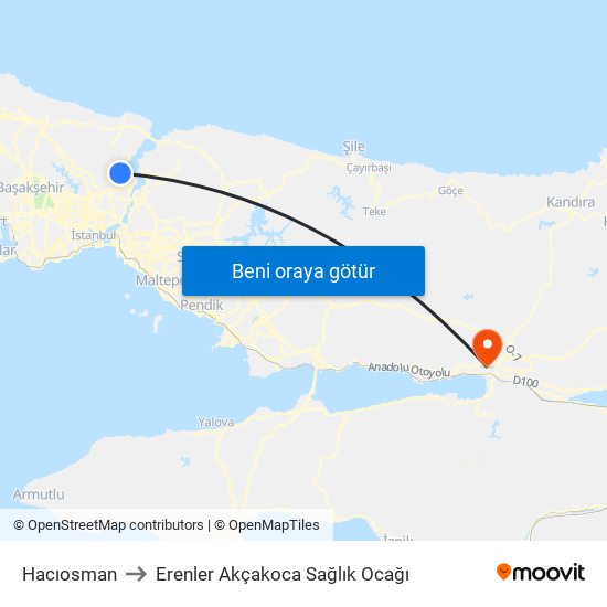 Hacıosman to Erenler Akçakoca Sağlık Ocağı map