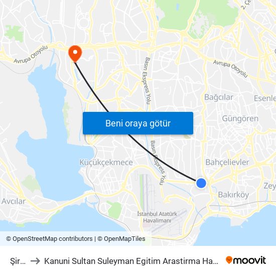 Şirinevler to Kanuni Sultan Suleyman Egitim Arastirma Hastanesi Anestezi Ve Reanimasyon Yoğun Bakım Ünitesi map