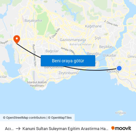 Acıbadem to Kanuni Sultan Suleyman Egitim Arastirma Hastanesi Anestezi Ve Reanimasyon Yoğun Bakım Ünitesi map