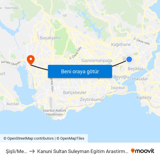 Şişli/Mecidiyeköy (M2) to Kanuni Sultan Suleyman Egitim Arastirma Hastanesi Anestezi Ve Reanimasyon Yoğun Bakım Ünitesi map
