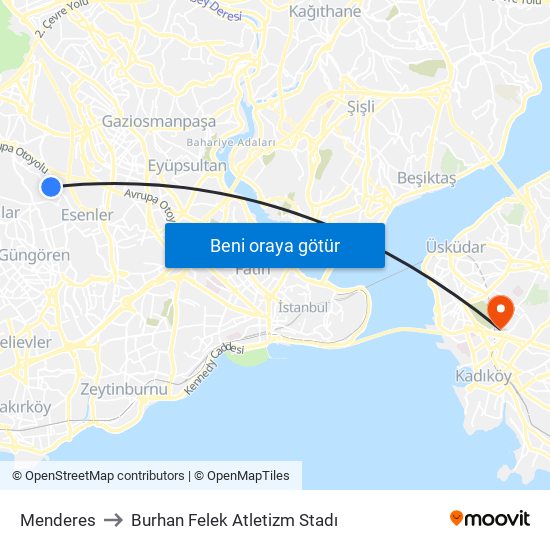 Menderes to Burhan Felek Atletizm Stadı map