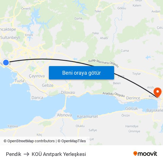 Pendik to KOÜ Anıtpark Yerleşkesi map