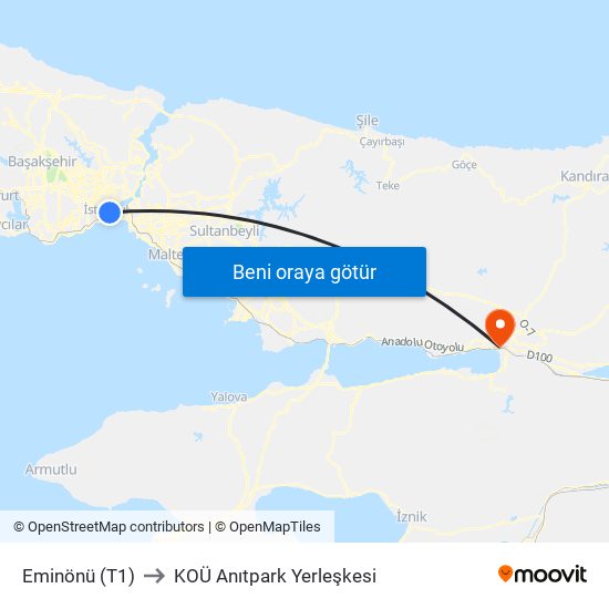 Eminönü (T1) to KOÜ Anıtpark Yerleşkesi map