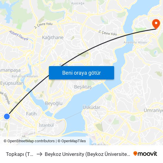 Topkapı (T1) to Beykoz University (Beykoz Üniversitesi) map