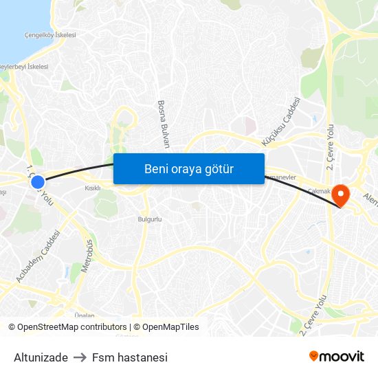 Altunizade to Fsm hastanesi map