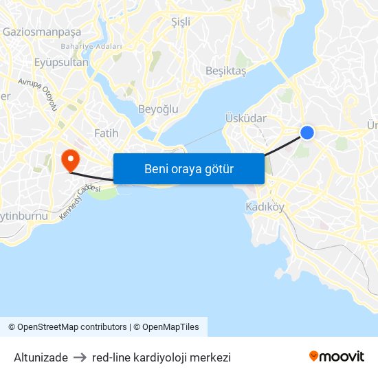 Altunizade to red-line kardiyoloji merkezi map