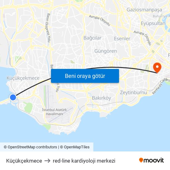 Küçükçekmece to red-line kardiyoloji merkezi map