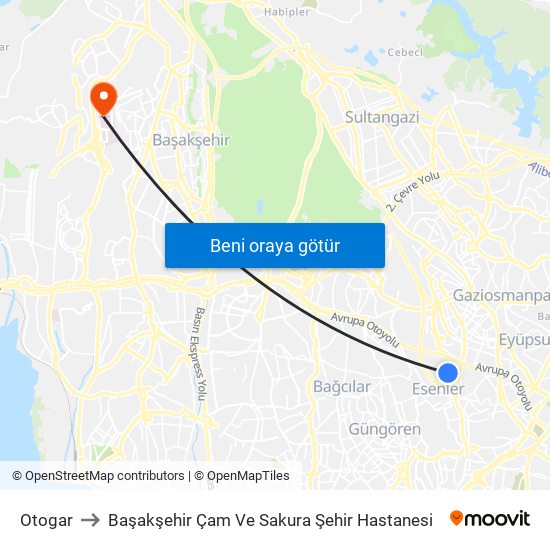 Otogar to Başakşehir Çam Ve Sakura Şehir Hastanesi map