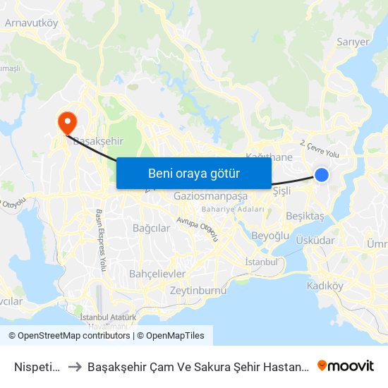 Nispetiye to Başakşehir Çam Ve Sakura Şehir Hastanesi map