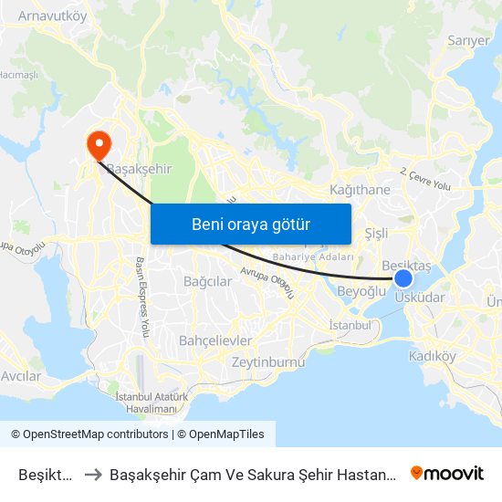 Beşiktaş to Başakşehir Çam Ve Sakura Şehir Hastanesi map