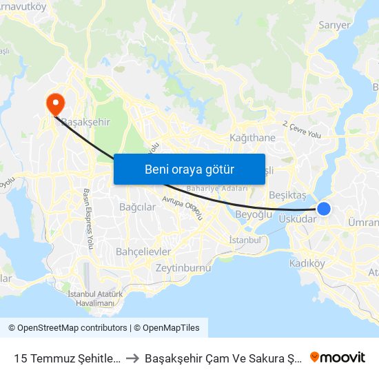 15 Temmuz Şehitler Köprüsü to Başakşehir Çam Ve Sakura Şehir Hastanesi map