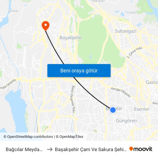 Bağcılar Meydan (M1b) to Başakşehir Çam Ve Sakura Şehir Hastanesi map