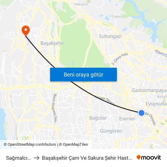 Sağmalcılar to Başakşehir Çam Ve Sakura Şehir Hastanesi map